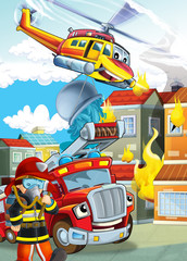 Obraz na płótnie Canvas cartoon stage with different machines for firefighting helicopter and fire truck colorful scene illustration for children