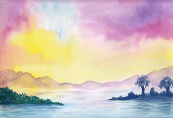 Fotobehang Watercolor painting of peaceful image of calm landscape with vibrant colorful sunset sky, mountains, sea and green islands. Serenity background. Seascape for calming mind, meditation, relaxation. © Sergey Pekar