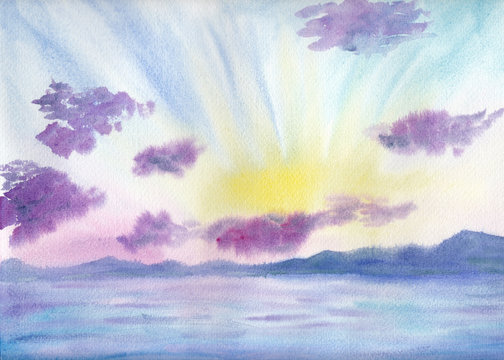 Watercolor painting of peaceful image of calm landscape with vibrant colorful sky with sun rays, clouds, mountains and sea. Serenity background. Seascape for calming mind, meditation, relaxation.