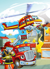 Obraz na płótnie Canvas cartoon scene with different fire fighter machines helicopter and fire brigade truck illustration for children
