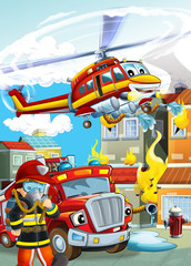 cartoon scene with different fire fighter machines helicopter and fire brigade truck illustration for children