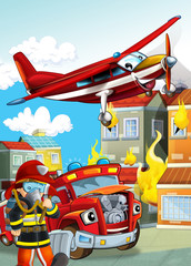 Naklejka premium cartoon scene with different fire fighter machines helicopter and fire brigade truck illustration for children