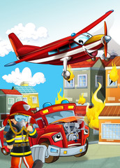 cartoon scene with different fire fighter machines helicopter and fire brigade truck illustration for children