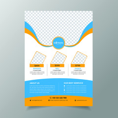 Blue and yellow travel agency flyer template design