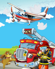 Obraz na płótnie Canvas funny looking cartoon fireman truck driving through the city and emergency plane flying over - illustration for children