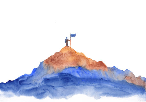 Watercolor painting - brown & blue mountains silhouette with a person standing on top with a flag. High mountain as a symbol of achievements & success. Peaceful calm background to believe in yourself.