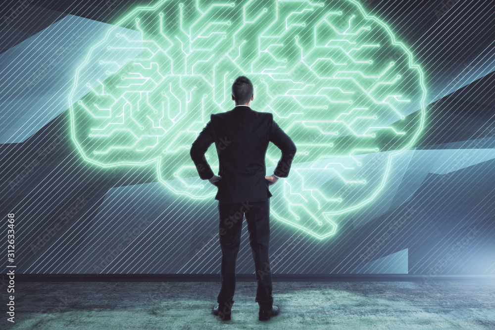 Aufkleber man and brain icon hologram. double exposure. concept of data development