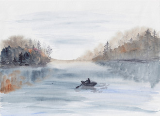 Watercolor peaceful landscape painting. Fisherman in boat silhouette on the grey blueish lake with a distant forest. Calm serene meditative nature illustration for footer, decorations, background.