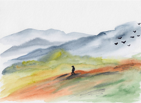 Watercolor peaceful landscape painting. Man walking alone, hiking in colorful green & red mountains with flying birds. Calm serene meditative nature illustration for footer, decorations, background.