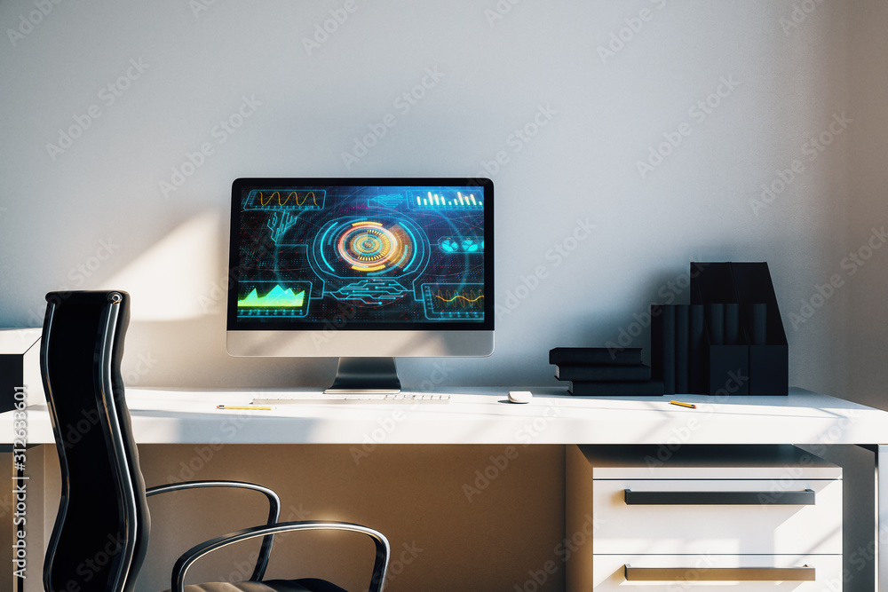 Aufkleber cabinet desktop interior with technology theme drawing on computer screen. concept of hightech. 3d r