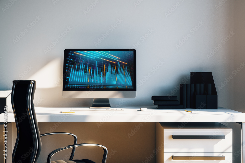 Aufkleber cabinet desktop interior with financial charts and graphs on computer screen. concept of stock marke