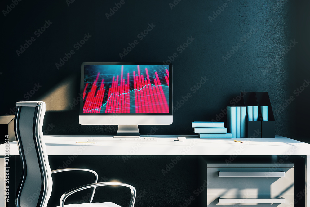Poster cabinet desktop interior with financial charts and graphs on computer screen. concept of stock marke