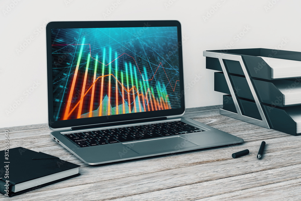 Aufkleber laptop closeup with forex graph on computer screen. financial trading and education concept. 3d rend