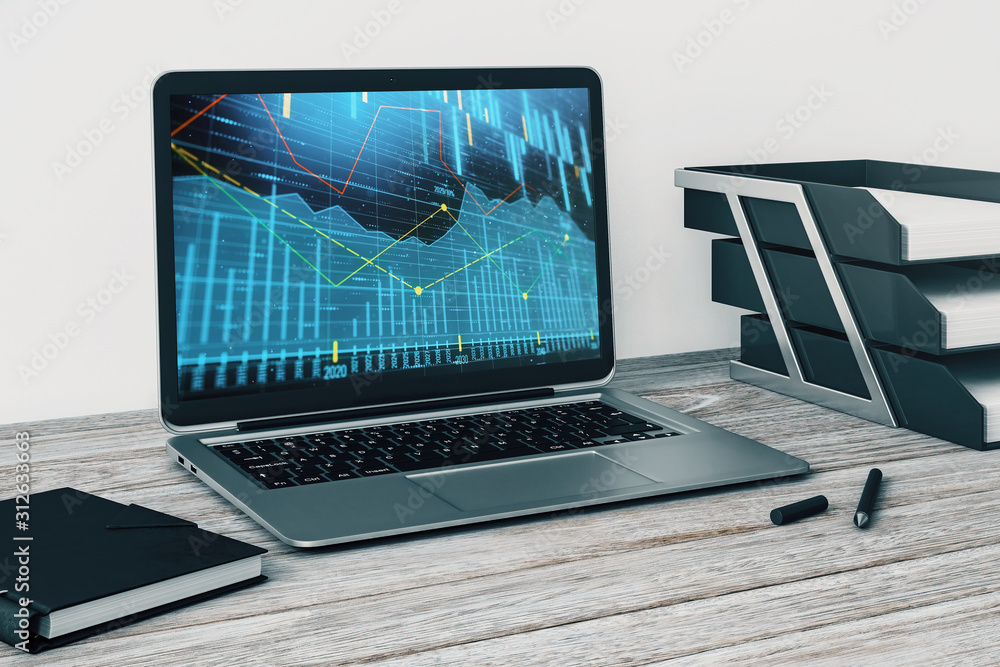 Poster laptop closeup with forex graph on computer screen. financial trading and education concept. 3d rend