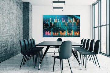 Conference room interior with financial chart on screen monitor on the wall. Stock market analysis concept. 3d rendering.