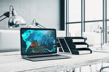 Cabinet desktop interior with financial charts and world map on computer screen. Concept of international market analysis and trading. 3d rendering.