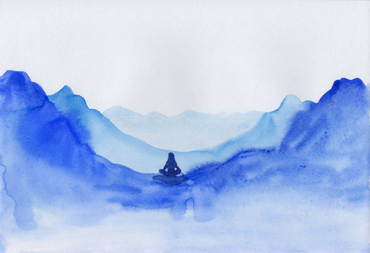 Watercolor landscape of blue vibrant mountain peaks & meditating person. Peaceful tranquil  nature background for decoration, restore meditation, hiking poster. Abstract art with sitting silhouette.