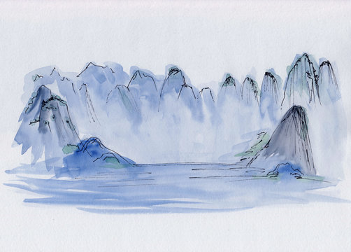 Watercolor painting of serene blue Asian mountains & river. Hand drawn oriental style landscape with layers of rocks & birds. Concept for decoration, relaxation, restore, calm meditation background.