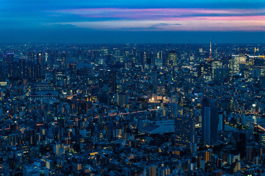 Scenic panoramic view of Tokyo at sunset from the Skytree, the tallest tower in the world, Japan