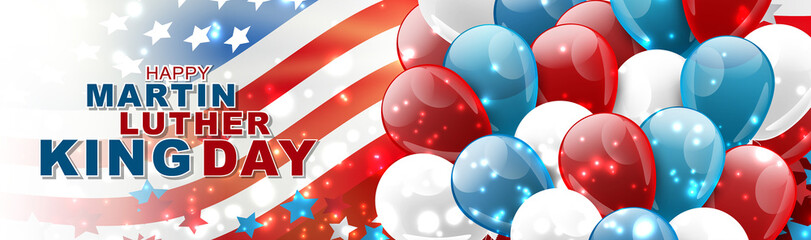 Happy Martin Luther King day banner or website header. American flag and balloons. Vector illustration. - obrazy, fototapety, plakaty
