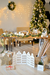 Decorations for christmas party. A lot of christmas toys.