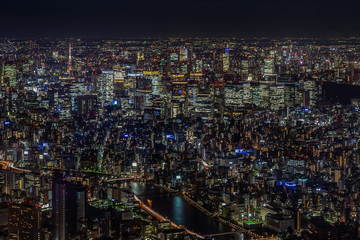 Fototapeta na wymiar Scenic view of Tokyo skyscraper sand buildings illuminated at night along Sumida river, Japan