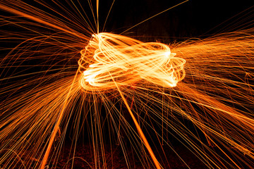 Abstract Image of Burning Wirewool being used to make circle like light trails at Night