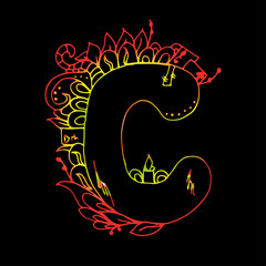 Letter C. Hand drawn sketch. Bright outline.