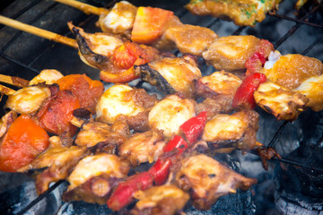 Octopus satay with very good taste on skewers on grill
