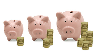 3 sizes of pink piggy bank with stack of coins ,saving money wealth prosperity and financial for investment and retirement concept ,isolated on white background