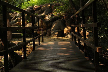 Steel or iron bridge on the garden with sunlight shadow. steel or iron footpath,walkway on the park with sunlight shadow