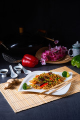 Fried Mie noodles with beef and vegetables.