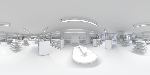 Fototapeta na wymiar spherical panoramic render of the store, interior visualization, 3D illustration
