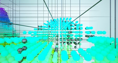 Abstract white and colored gradient  interior multilevel public space from array spheres with window. 3D illustration and rendering.