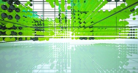 Abstract white and colored gradient  interior multilevel public space from array spheres with window. 3D illustration and rendering.