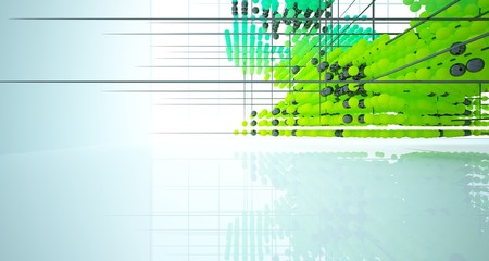 Abstract white and colored gradient  interior multilevel public space from array spheres with window. 3D illustration and rendering.