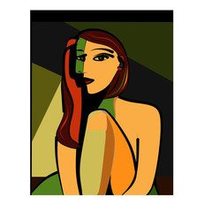 Colorful abstract background, cubism art style, woman portrait on green