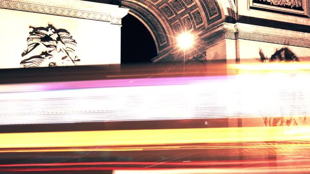 France, Paris, November 28, 2018 - Arch De Triomphe And Champs Elysees Traffic At Night, Time-Lapse.