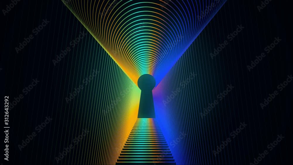 Poster abstract animation of neon keyhole icon forming the tunnel on black background with the light disper