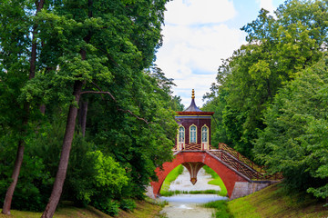 Cross bridge with gazebo in chinese style in Alexander park in Pushkin (Tsarskoye Selo), Russia