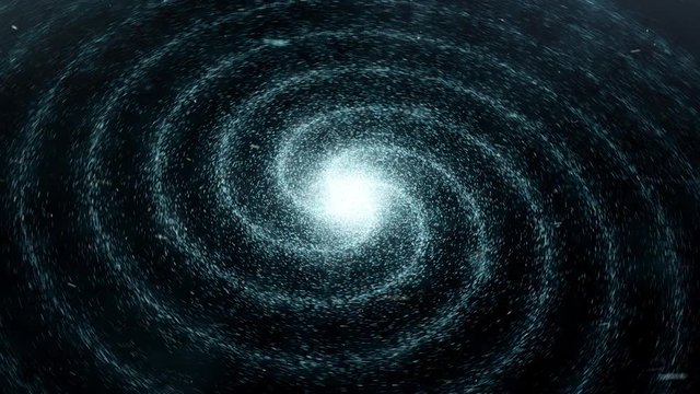 Galaxy in deep space of a spiral form rotating on black background, seamless loop. Animation. Flying through star fields and nebulas in space, revealing a spinning spiral galaxy.