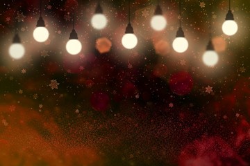 Fototapeta na wymiar cute bright glitter lights defocused bokeh abstract background with light bulbs and falling snow flakes fly, festive mockup texture with blank space for your content