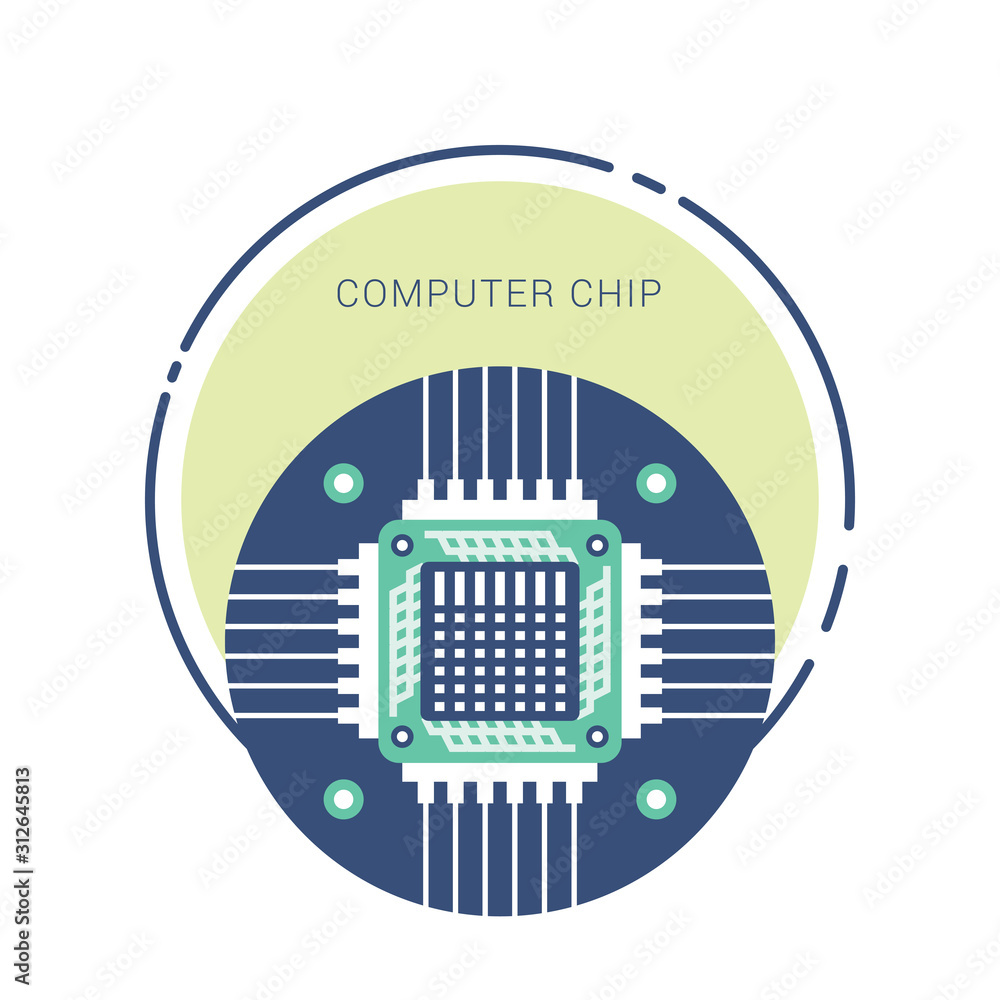 Poster flat style icon computer processor with microcircuits