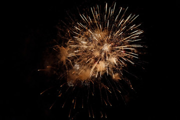 Delicate burst of golden fireworks in the night sky. Pyrotechnic show