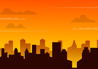 City building silhouette on orange sky background vector illustration. Sunset city landscape vector background 