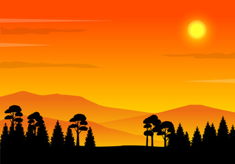 Fototapeta na wymiar Trees silhouette on orange sky background vector illustration. Sunset in forest landscape background 