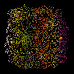 Magic garden. Flowers and Worms. Illustration drawn by hand, bright, saturated. Bright outline.