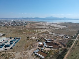 Aerial overhead photo from a drone over a swamp on the delta of Axios river in Thessaloniki/Greece ...