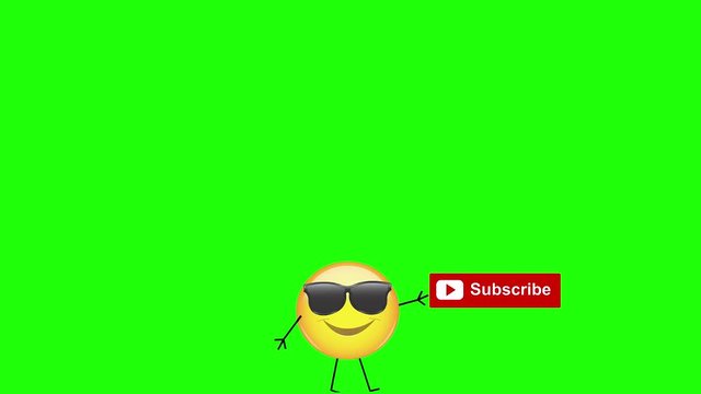 Yellow cool emoji in sunglasses walking through Green Screen and pressing Subscribe button, Like button and Share button.