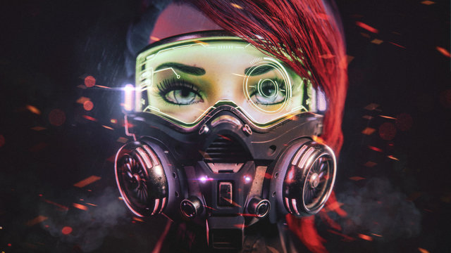 3d Illustration Of A Front View Of A Cyberpunk Girl With Short Red Hair Wearing Futuristic Gas Mask With Protective Glasses And Filters Standing In Night Scene With Air Pollution With Dust And Sparks.